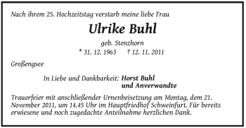 Traueranzeige von Ulrike Buhl von Pegnitz-Zeitung